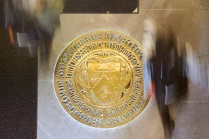 The Kenyon seal in the entryway of Peirce Hall