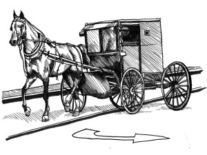 Line drawing of a horse and buggy