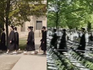 A still scene from the bicentennial video featuring graduates walking on commencement day