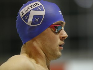 A close-up of a Kenyon swimmer preparing to race