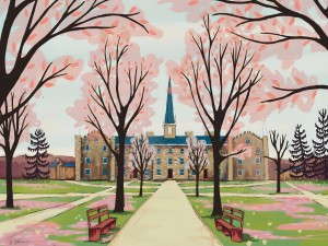 A drawing of Old Kenyon in spring with trees sprouting new leaves