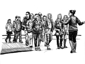 Line drawing of a campus tour group