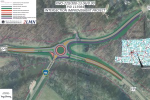 ODOT roundabout plan superimposed on aerial photo