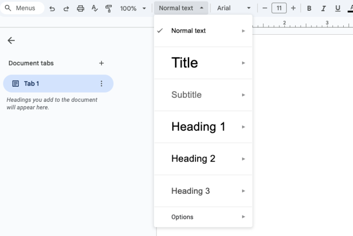 Screenshot of headings menu from Google Docs