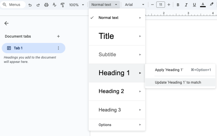 Screenshot of headings menu with the Update to match submenu showing