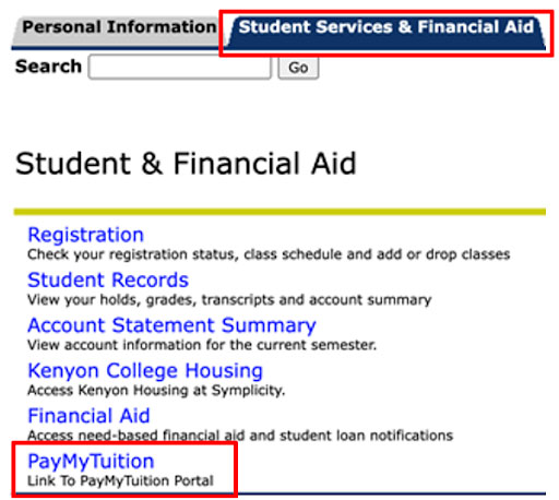 Menu with PayMyTuition highlighted