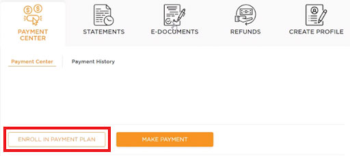 Payment Center with Enroll in Payment Plan button highlighted
