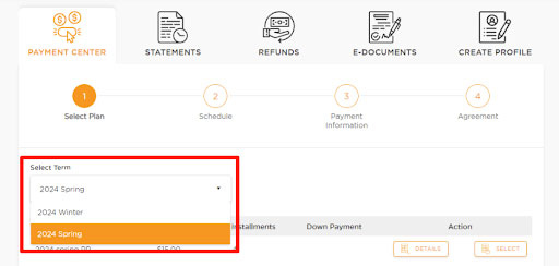 Payment Center with Select a Term options highlighted