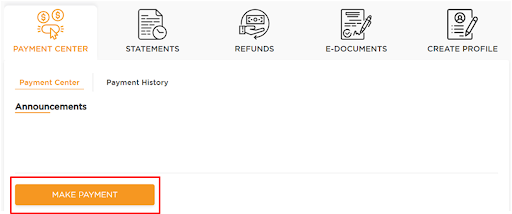 Menu showing the yellow make payment button