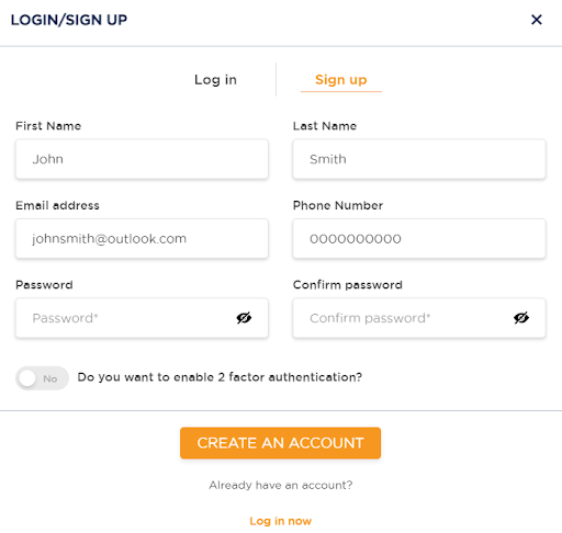 Example of login/sign up fields