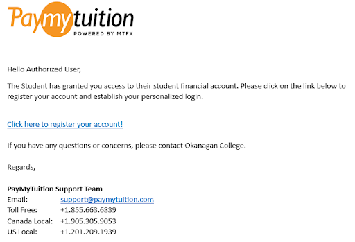 Example of PayMyTuition registration email